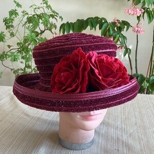 Elegant Burgundy Chenille Hat with Red Velvet Floral Accent